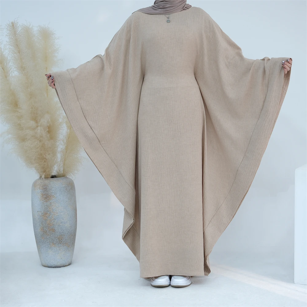 Ramadan Eid Dubai Linen Modest Batwing Abaya Muslim Kaftan Dress Kebaya Abayas For Women Caftan Robe Femme Musulmane Vestidos