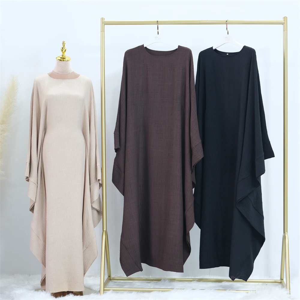 Ramadan Eid Dubai Linen Modest Batwing Abaya Muslim Kaftan Dress Kebaya Abayas For Women Caftan Robe Femme Musulmane Vestidos