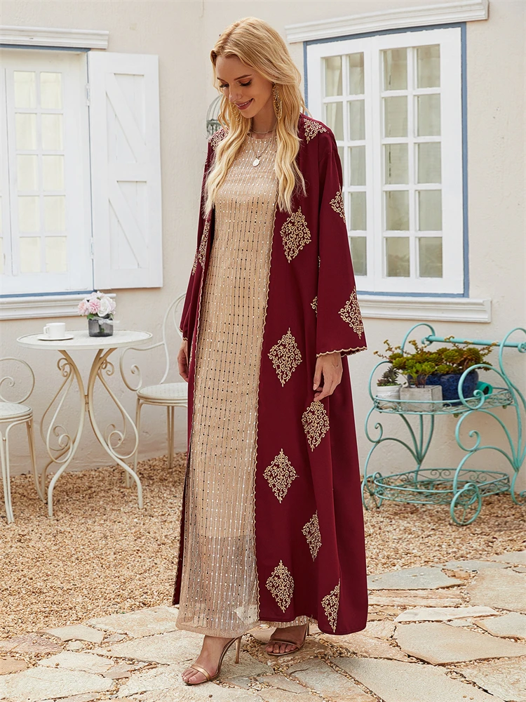 Ramadan Red Open Kimono Abaya Damen Dubai Kebaya Muslim Kaftan Islam African Dresses For Prayer Clothes Women Caftan Robe Femme