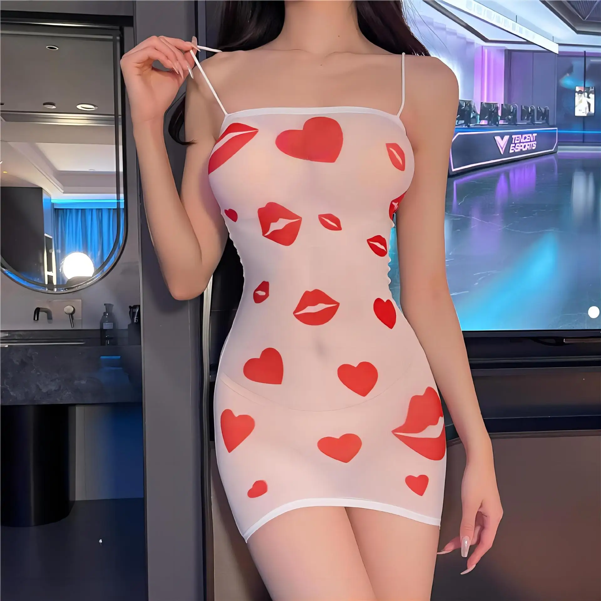 Dress Esports style jumpsuit with buttocks skirt, printed butterfly stockings with kiss marks Woman clothing Women party dress