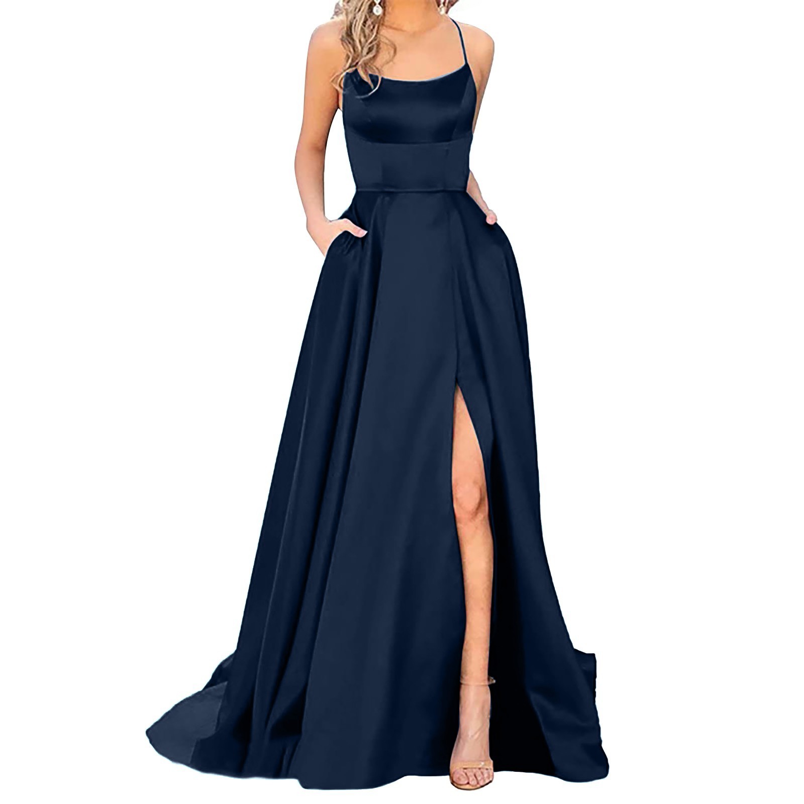 Elegant Hight Split Evening Maxi Dress Sexy Lace-Up Backless Long Dresses Navy Blue Sleeveless High Waist Party Dress