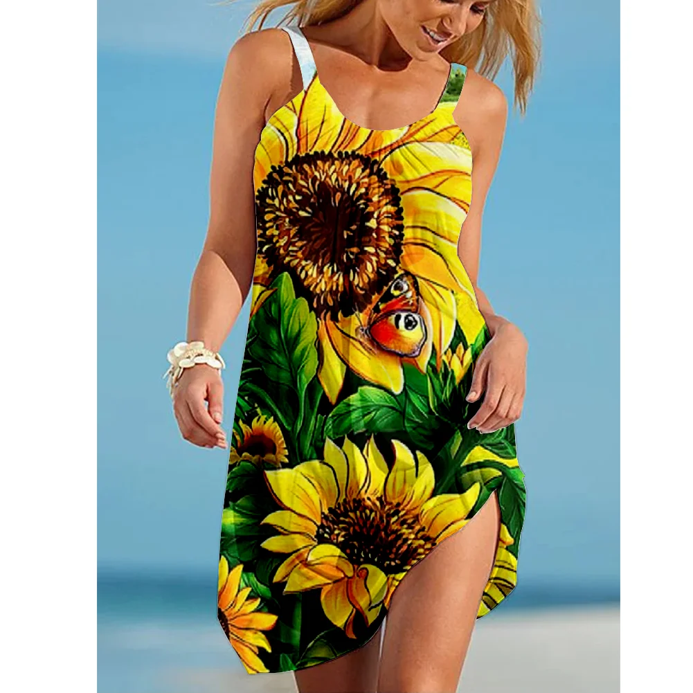 Sunflower Parrot Print Strap Mini Beach Dress Women Boho Summer Sexy Floral Dress Sleeveless Party Evening Dresses Hem Camisole