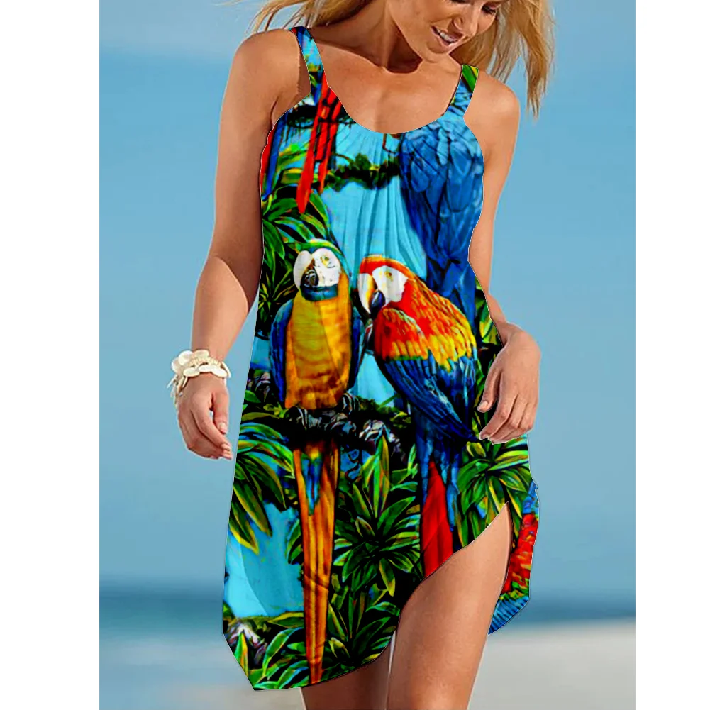 Sunflower Parrot Print Strap Mini Beach Dress Women Boho Summer Sexy Floral Dress Sleeveless Party Evening Dresses Hem Camisole