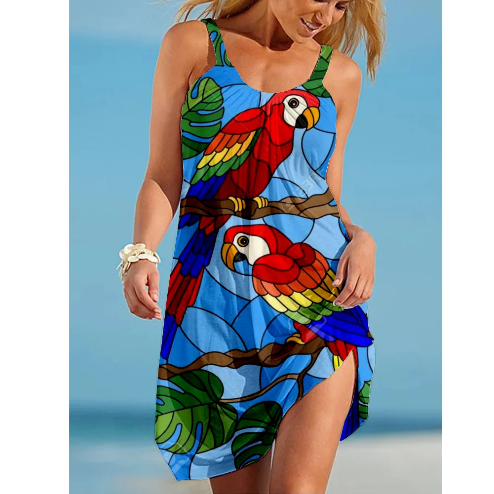 Sunflower Parrot Print Strap Mini Beach Dress Women Boho Summer Sexy Floral Dress Sleeveless Party Evening Dresses Hem Camisole