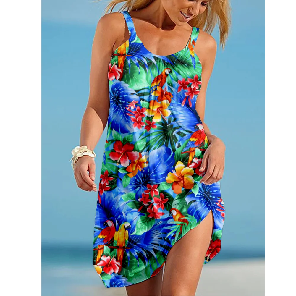 Sunflower Parrot Print Strap Mini Beach Dress Women Boho Summer Sexy Floral Dress Sleeveless Party Evening Dresses Hem Camisole