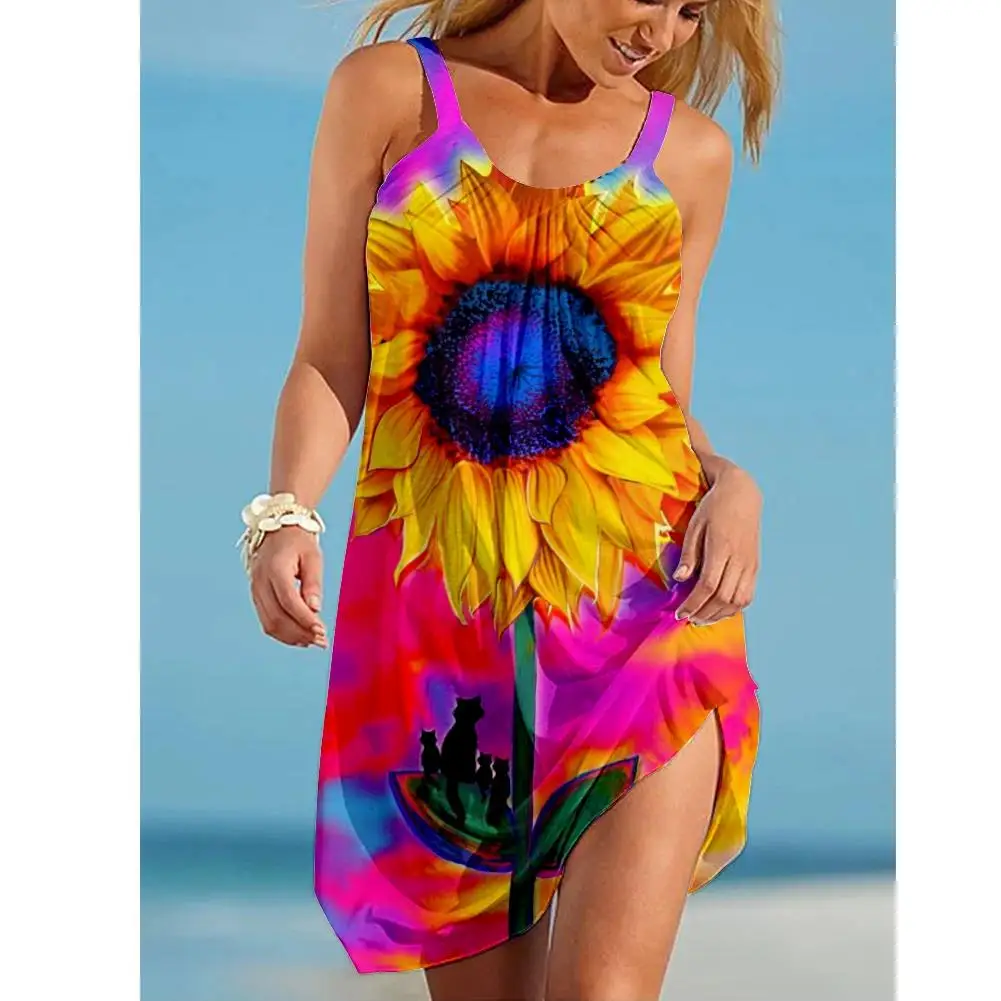 Sunflower Parrot Print Strap Mini Beach Dress Women Boho Summer Sexy Floral Dress Sleeveless Party Evening Dresses Hem Camisole