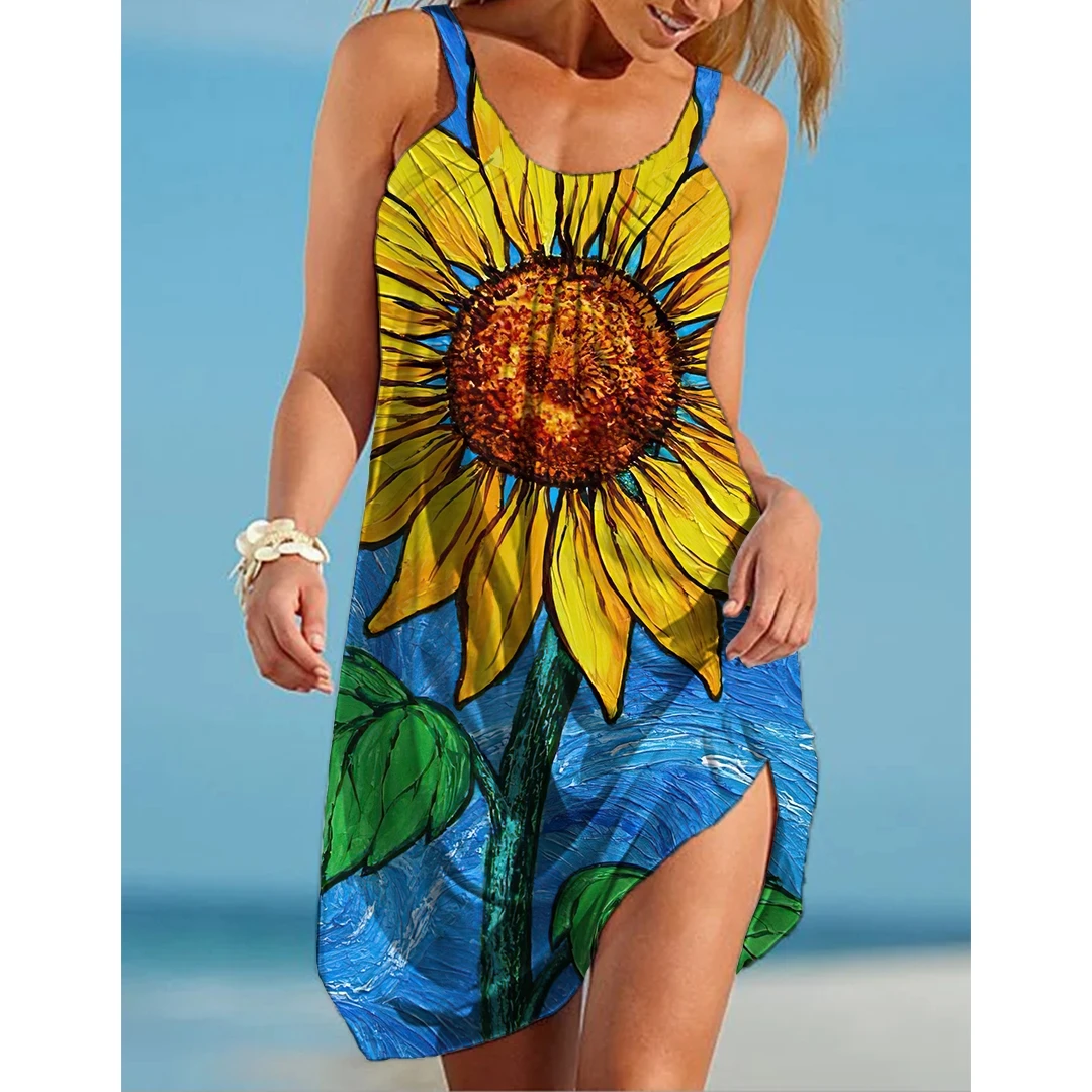 Sunflower Parrot Print Strap Mini Beach Dress Women Boho Summer Sexy Floral Dress Sleeveless Party Evening Dresses Hem Camisole