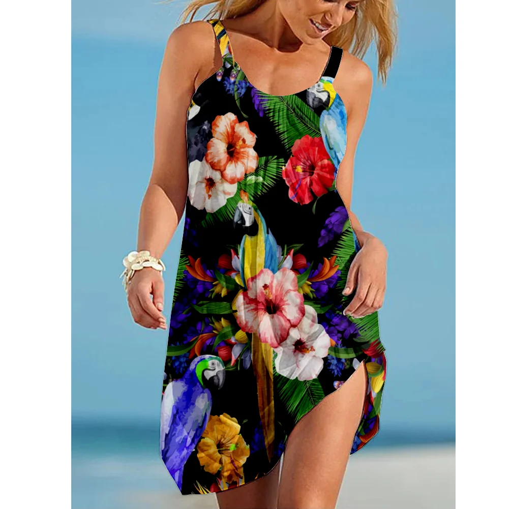 Sunflower Parrot Print Strap Mini Beach Dress Women Boho Summer Sexy Floral Dress Sleeveless Party Evening Dresses Hem Camisole