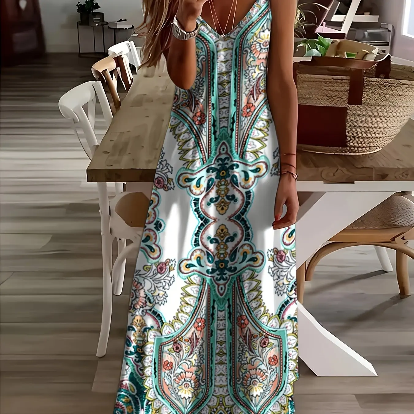 Summer Fresh Flower Print Beach Vacation Casual Suspender Dress Fashionable Casual Sleeveless Loose Suspender Long Skirt