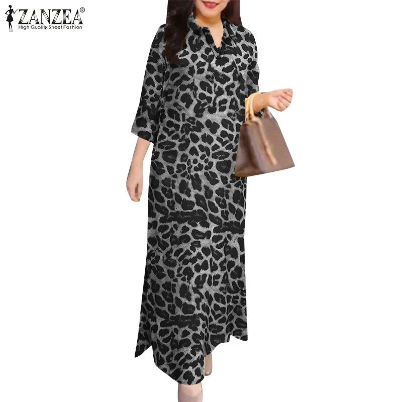 ZANZEA 3/4 Sleeve Leopard Print Shirt Dress Commute Daily Hem-Slit Women Long Vestidos 2025 Spring Lapel Loose Casual Maxi Dress