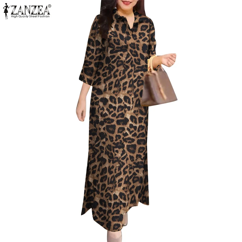 ZANZEA 3/4 Sleeve Leopard Print Shirt Dress Commute Daily Hem-Slit Women Long Vestidos 2025 Spring Lapel Loose Casual Maxi Dress