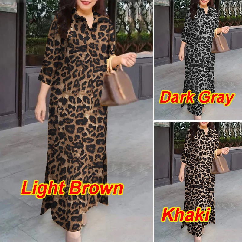 ZANZEA 3/4 Sleeve Leopard Print Shirt Dress Commute Daily Hem-Slit Women Long Vestidos 2025 Spring Lapel Loose Casual Maxi Dress