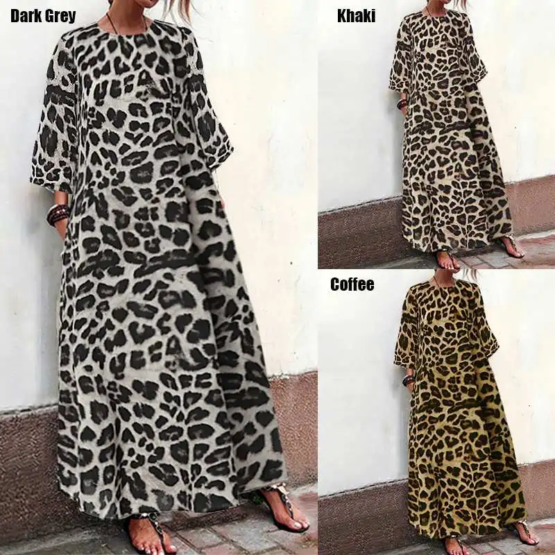 Celmia Casual Loose O Neck Vestido 2023 Fashion 3/4 Sleeve Dress Women Leopard Print Kaftan Maxi Dress Holiday Leisure Long Robe