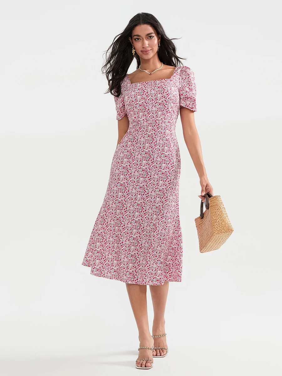 wsevypo Summer Floral Print A-Line Midi Dress for Women Ladies Puff Sleeves Square Neck Flared Dress Party Gown Vestidos