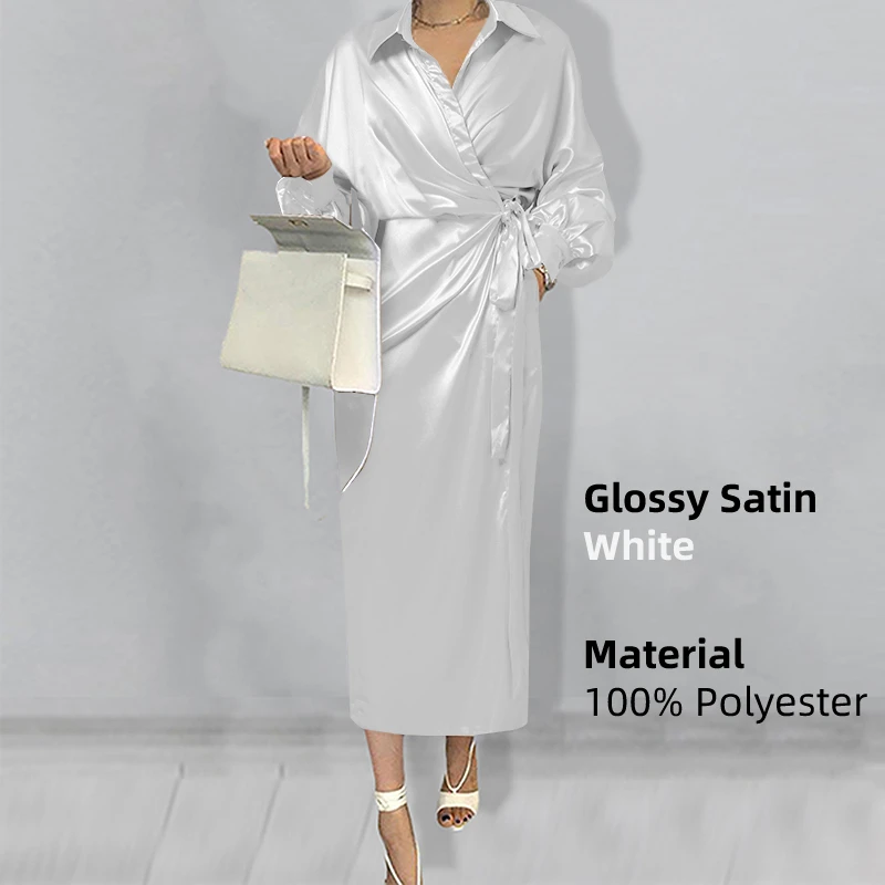 Women Casual Belted Shirt Dress Celmia Elegant Lapel Lantern Long Sleeve Leisure Midi Dress 2023 Fashion Solid Party Vestidos