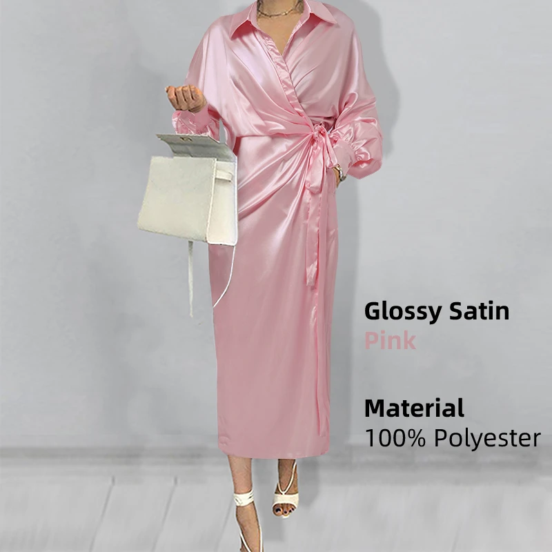 Women Casual Belted Shirt Dress Celmia Elegant Lapel Lantern Long Sleeve Leisure Midi Dress 2023 Fashion Solid Party Vestidos