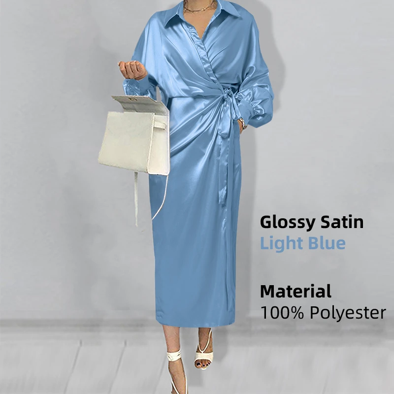 Women Casual Belted Shirt Dress Celmia Elegant Lapel Lantern Long Sleeve Leisure Midi Dress 2023 Fashion Solid Party Vestidos