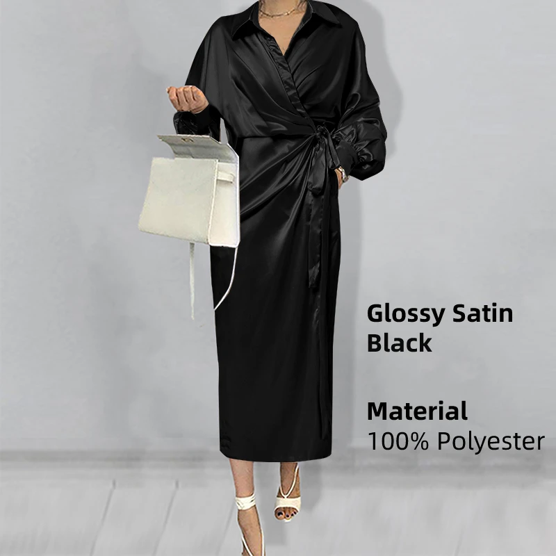 Women Casual Belted Shirt Dress Celmia Elegant Lapel Lantern Long Sleeve Leisure Midi Dress 2023 Fashion Solid Party Vestidos