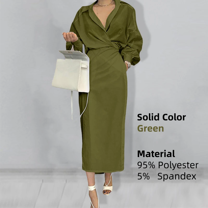 Women Casual Belted Shirt Dress Celmia Elegant Lapel Lantern Long Sleeve Leisure Midi Dress 2023 Fashion Solid Party Vestidos