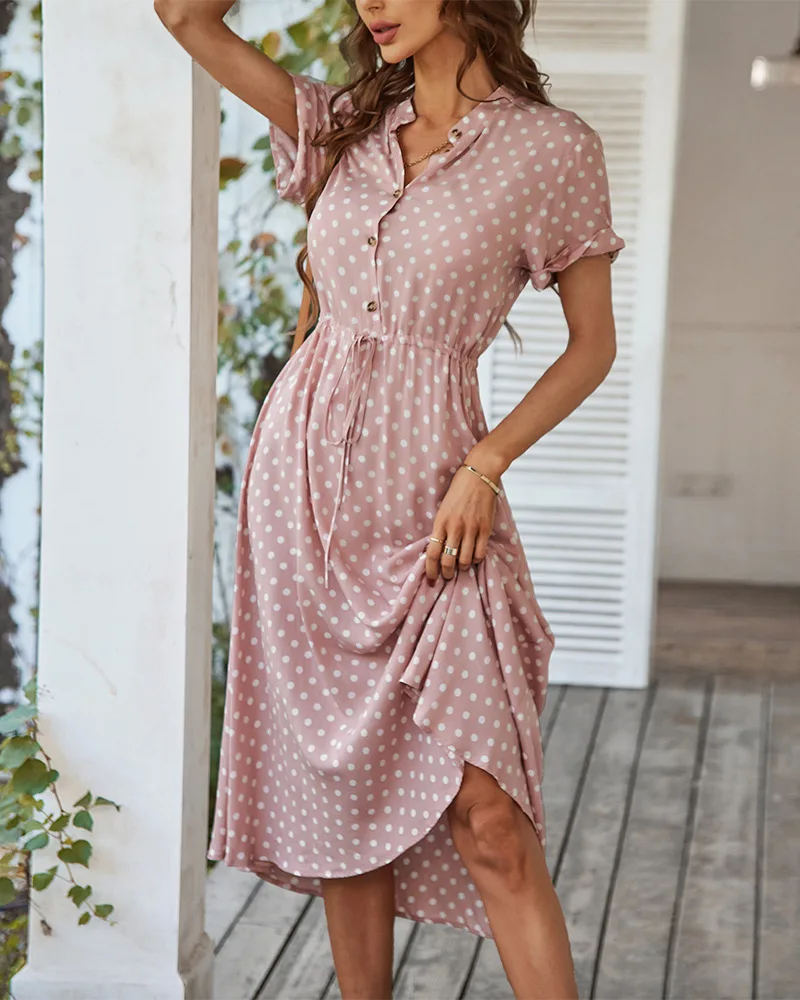 Ladies Polka Dot Print Shirt Dress Women Casual Midi Holiday Summer Dress Female Loose Women Beach Dress Sundress Robe Vestidos