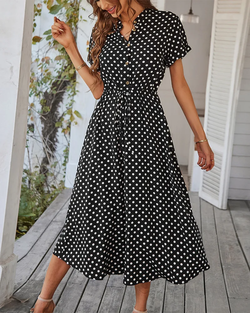 Ladies Polka Dot Print Shirt Dress Women Casual Midi Holiday Summer Dress Female Loose Women Beach Dress Sundress Robe Vestidos