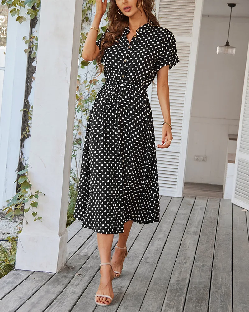 Ladies Polka Dot Print Shirt Dress Women Casual Midi Holiday Summer Dress Female Loose Women Beach Dress Sundress Robe Vestidos