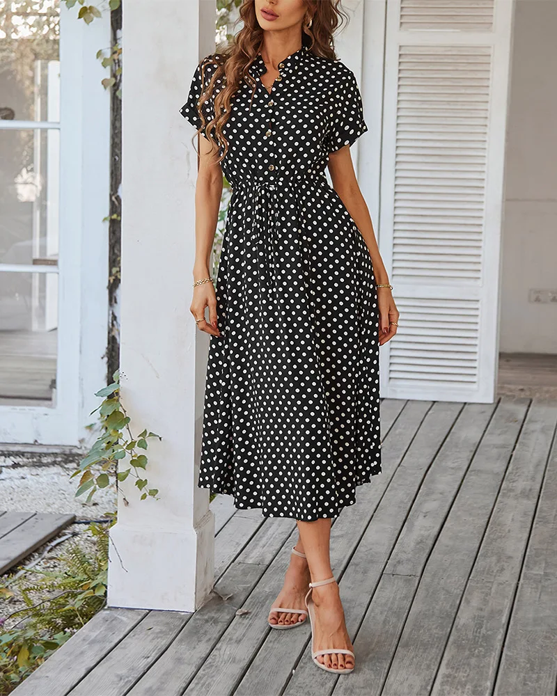 Ladies Polka Dot Print Shirt Dress Women Casual Midi Holiday Summer Dress Female Loose Women Beach Dress Sundress Robe Vestidos