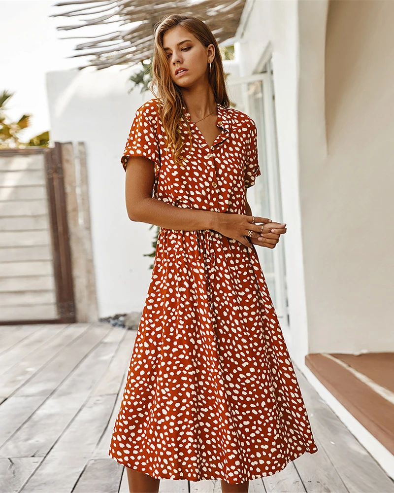 Ladies Polka Dot Print Shirt Dress Women Casual Midi Holiday Summer Dress Female Loose Women Beach Dress Sundress Robe Vestidos