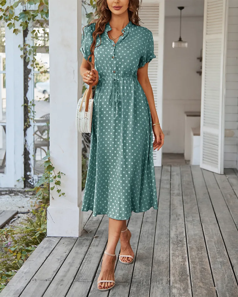 Ladies Polka Dot Print Shirt Dress Women Casual Midi Holiday Summer Dress Female Loose Women Beach Dress Sundress Robe Vestidos