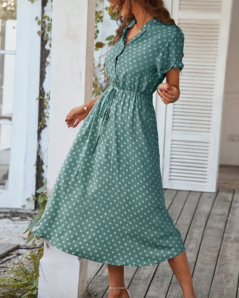 Ladies Polka Dot Print Shirt Dress Women Casual Midi Holiday Summer Dress Female Loose Women Beach Dress Sundress Robe Vestidos