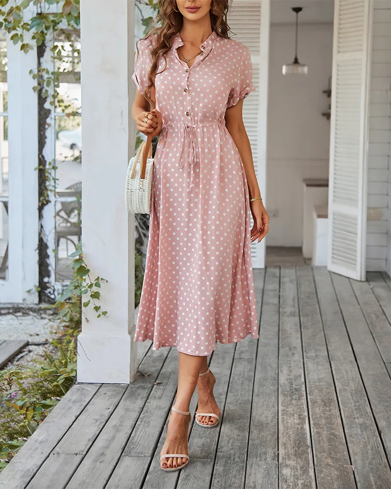 Ladies Polka Dot Print Shirt Dress Women Casual Midi Holiday Summer Dress Female Loose Women Beach Dress Sundress Robe Vestidos