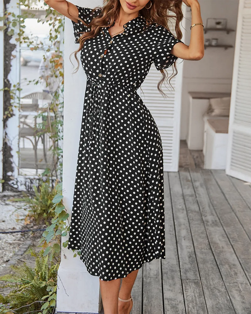 Ladies Polka Dot Print Shirt Dress Women Casual Midi Holiday Summer Dress Female Loose Women Beach Dress Sundress Robe Vestidos