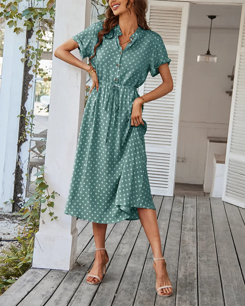 Ladies Polka Dot Print Shirt Dress Women Casual Midi Holiday Summer Dress Female Loose Women Beach Dress Sundress Robe Vestidos