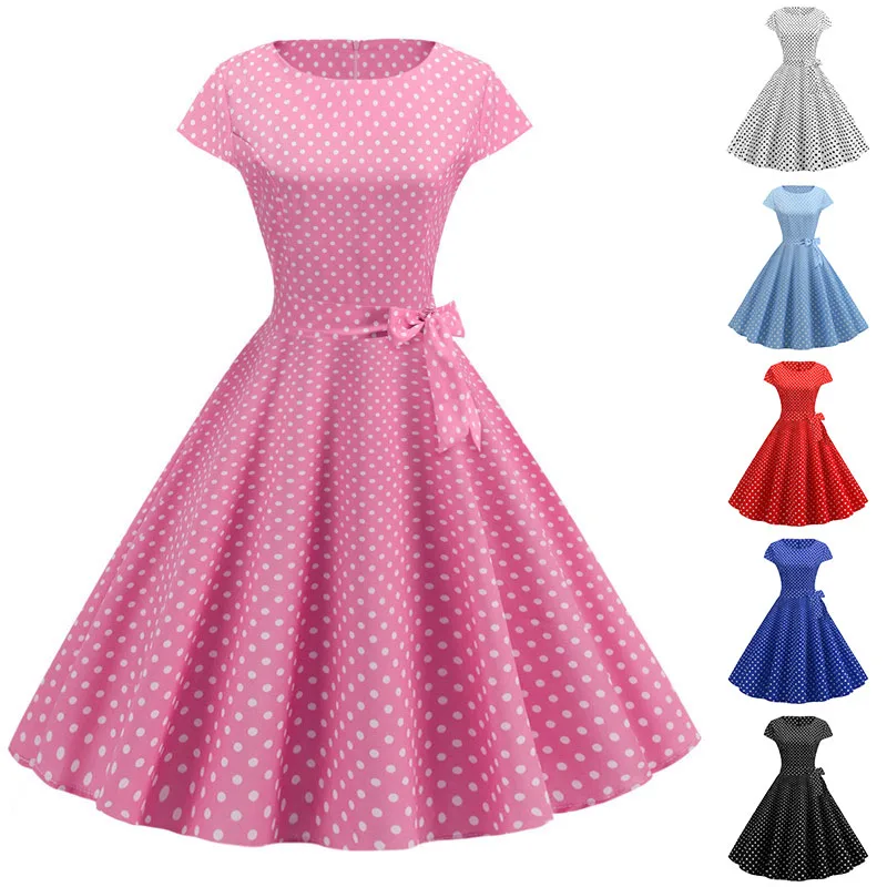 Vintage Dress Women Summer Short Sleeve Elegant Polka Dot Midi Casual Office Party Dress 50s 60s Pin Up Rockabilly Dresses