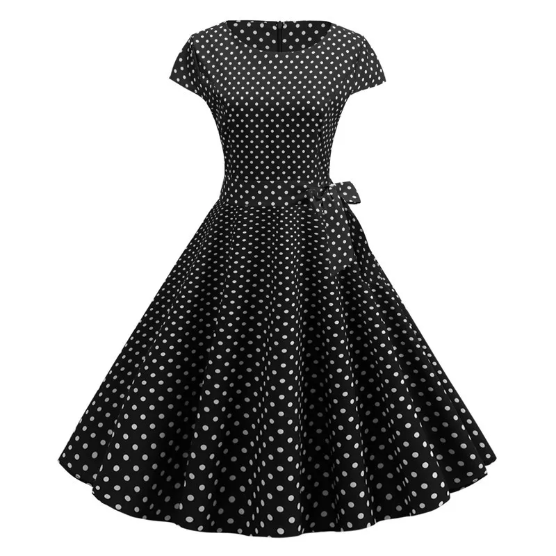 Vintage Dress Women Summer Short Sleeve Elegant Polka Dot Midi Casual Office Party Dress 50s 60s Pin Up Rockabilly Dresses