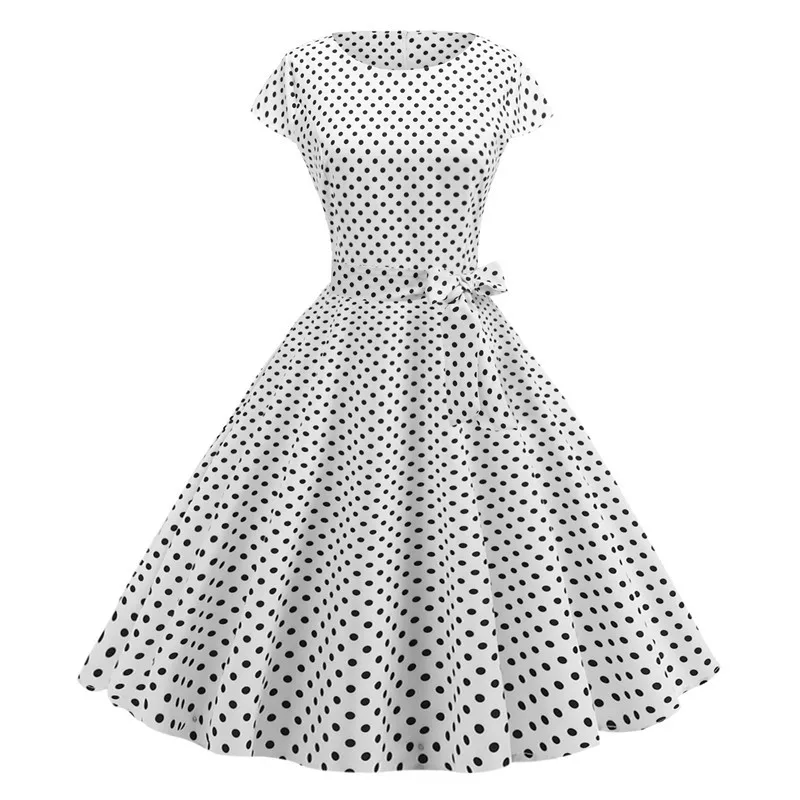 Vintage Dress Women Summer Short Sleeve Elegant Polka Dot Midi Casual Office Party Dress 50s 60s Pin Up Rockabilly Dresses