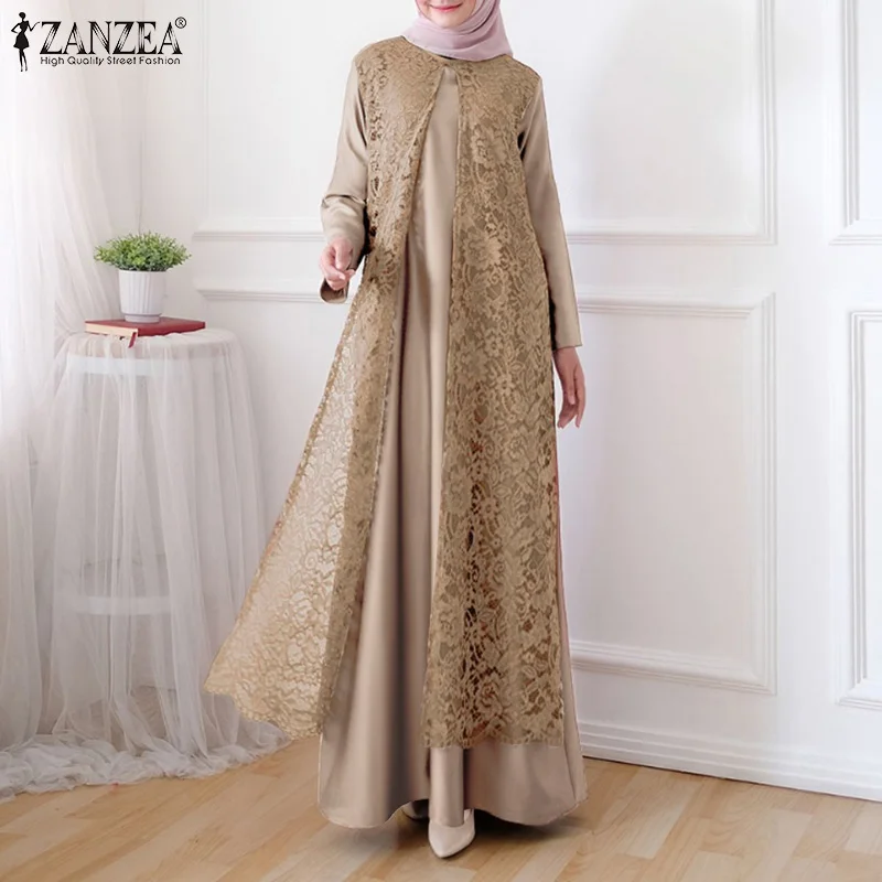 ZANZEA Women Elegant Lace Overlay Satin Dress Muslim Fashion Islamia Hijab O Neck Long Sleeve Abaya Robe Luxurious Long Vestidos