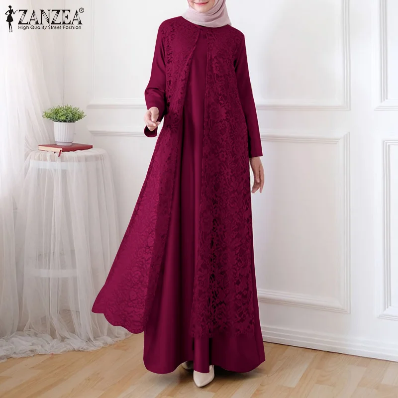 ZANZEA Women Elegant Lace Overlay Satin Dress Muslim Fashion Islamia Hijab O Neck Long Sleeve Abaya Robe Luxurious Long Vestidos