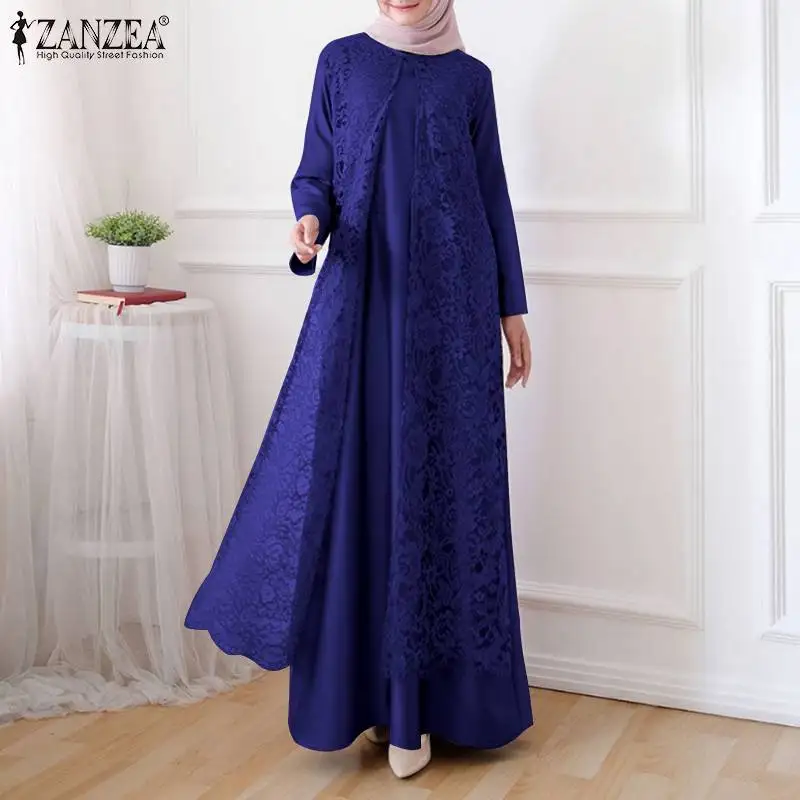 ZANZEA Women Elegant Lace Overlay Satin Dress Muslim Fashion Islamia Hijab O Neck Long Sleeve Abaya Robe Luxurious Long Vestidos