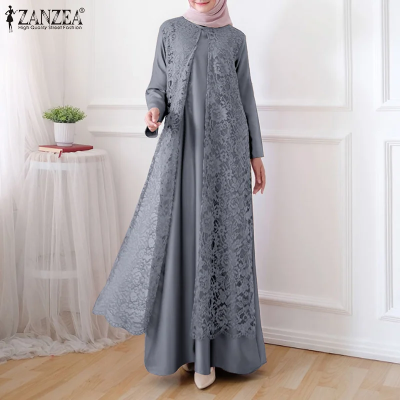 ZANZEA Women Elegant Lace Overlay Satin Dress Muslim Fashion Islamia Hijab O Neck Long Sleeve Abaya Robe Luxurious Long Vestidos