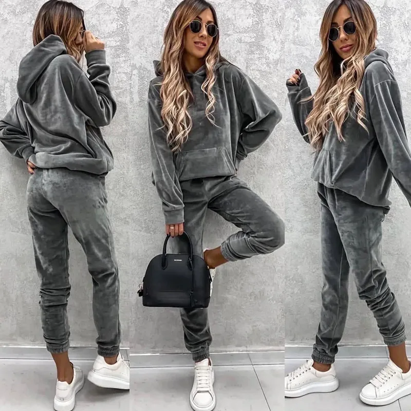 New casual women's suit solid color hooded sweatpants fall 2 piece set comfortable suede women's clothing corset trousers sets