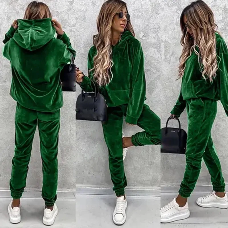 New casual women's suit solid color hooded sweatpants fall 2 piece set comfortable suede women's clothing corset trousers sets