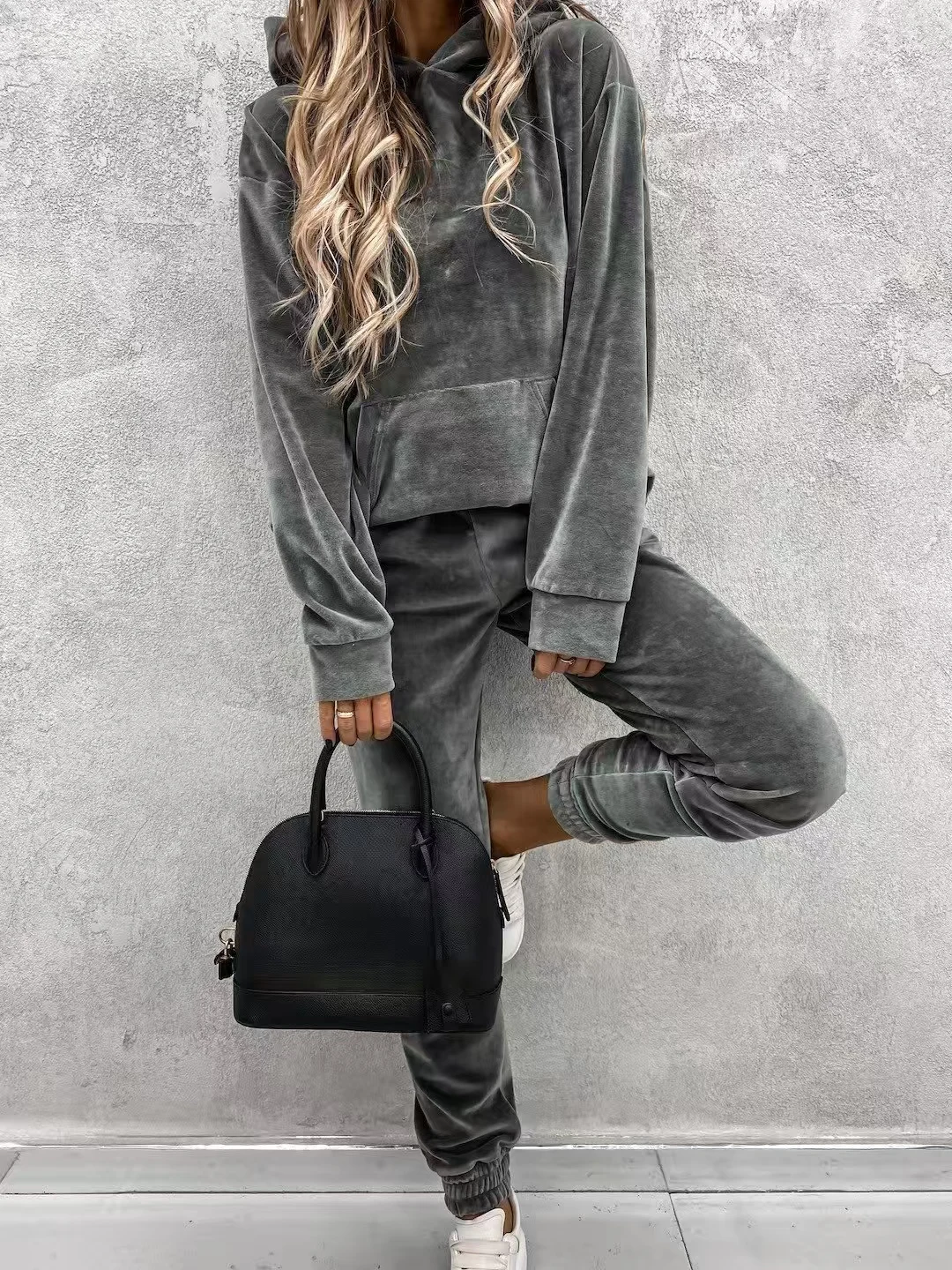 New casual women's suit solid color hooded sweatpants fall 2 piece set comfortable suede women's clothing corset trousers sets