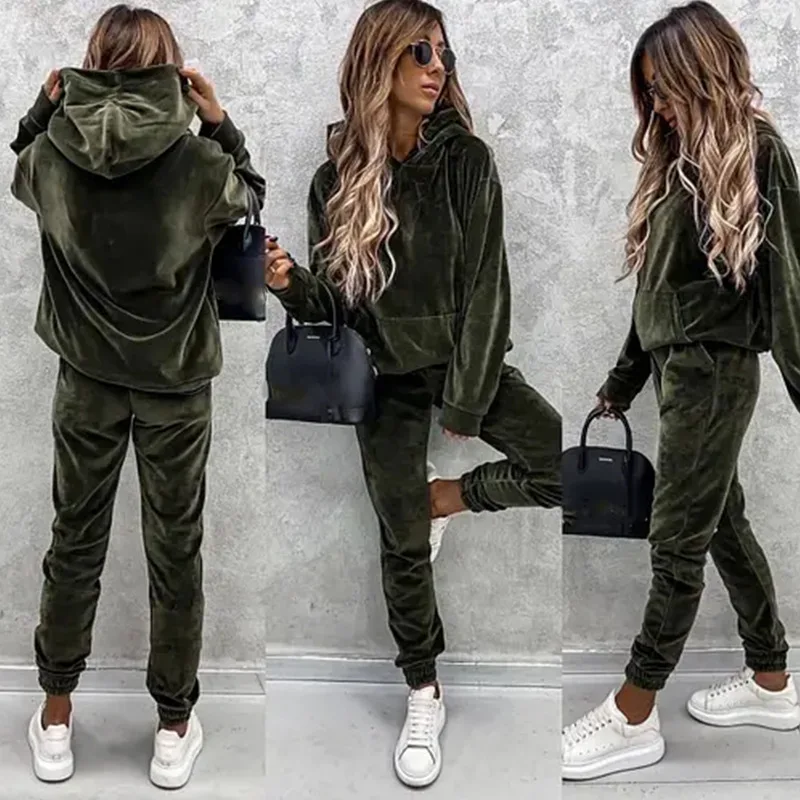 New casual women's suit solid color hooded sweatpants fall 2 piece set comfortable suede women's clothing corset trousers sets