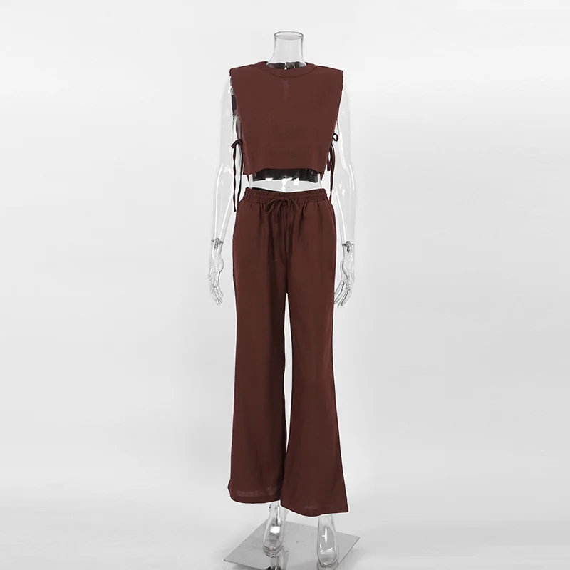 Spring Summer 2025 Women Holiday Linen Pant Set Crop Tops Solid Outfits 2 Two Piece Matching Set For Women