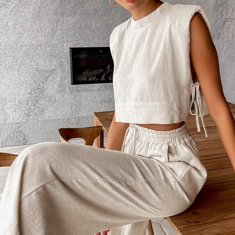 Spring Summer 2025 Women Holiday Linen Pant Set Crop Tops Solid Outfits 2 Two Piece Matching Set For Women