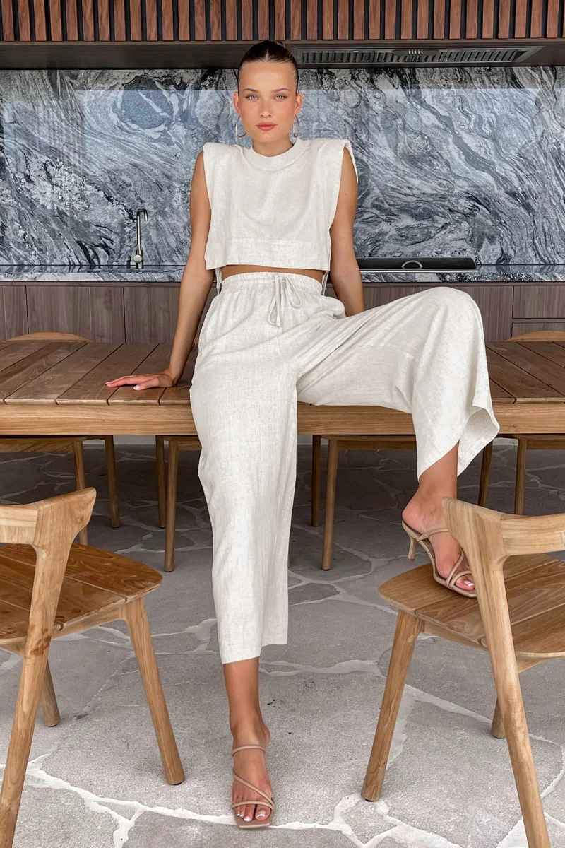 Spring Summer 2025 Women Holiday Linen Pant Set Crop Tops Solid Outfits 2 Two Piece Matching Set For Women