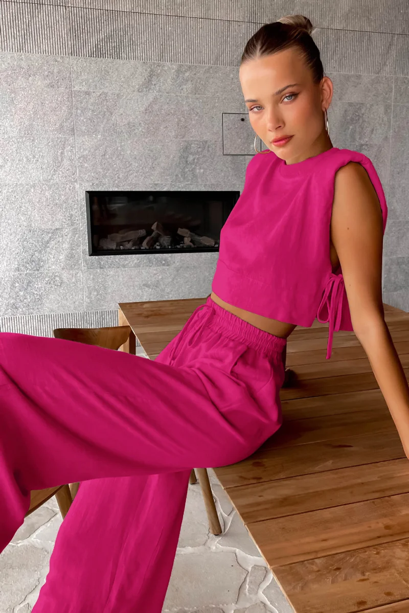 Spring Summer 2025 Women Holiday Linen Pant Set Crop Tops Solid Outfits 2 Two Piece Matching Set For Women