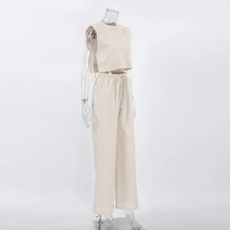 Spring Summer 2025 Women Holiday Linen Pant Set Crop Tops Solid Outfits 2 Two Piece Matching Set For Women