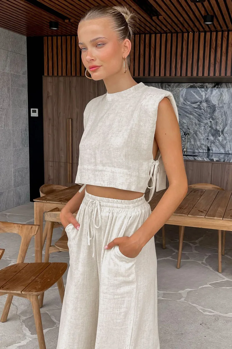 Spring Summer 2025 Women Holiday Linen Pant Set Crop Tops Solid Outfits 2 Two Piece Matching Set For Women